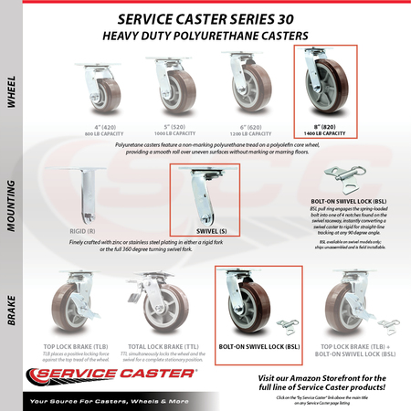 Service Caster 8 Inch Polyurethane Swivel Caster with Ball Bearing and Swivel Lock SCC SCC-30CS820-PPUB-BSL